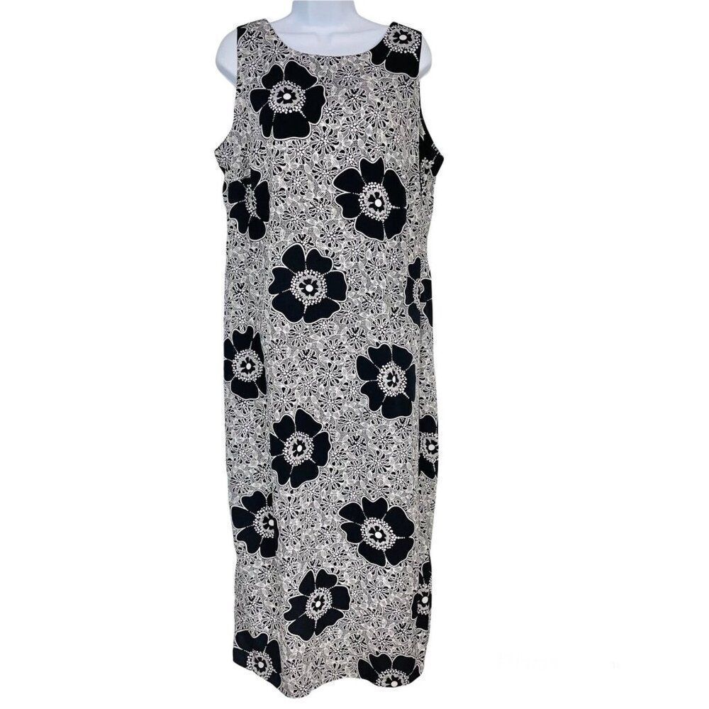 Studio 1 Womens Size 14W Midi Shift Dress Black White Floral Sleeveless
